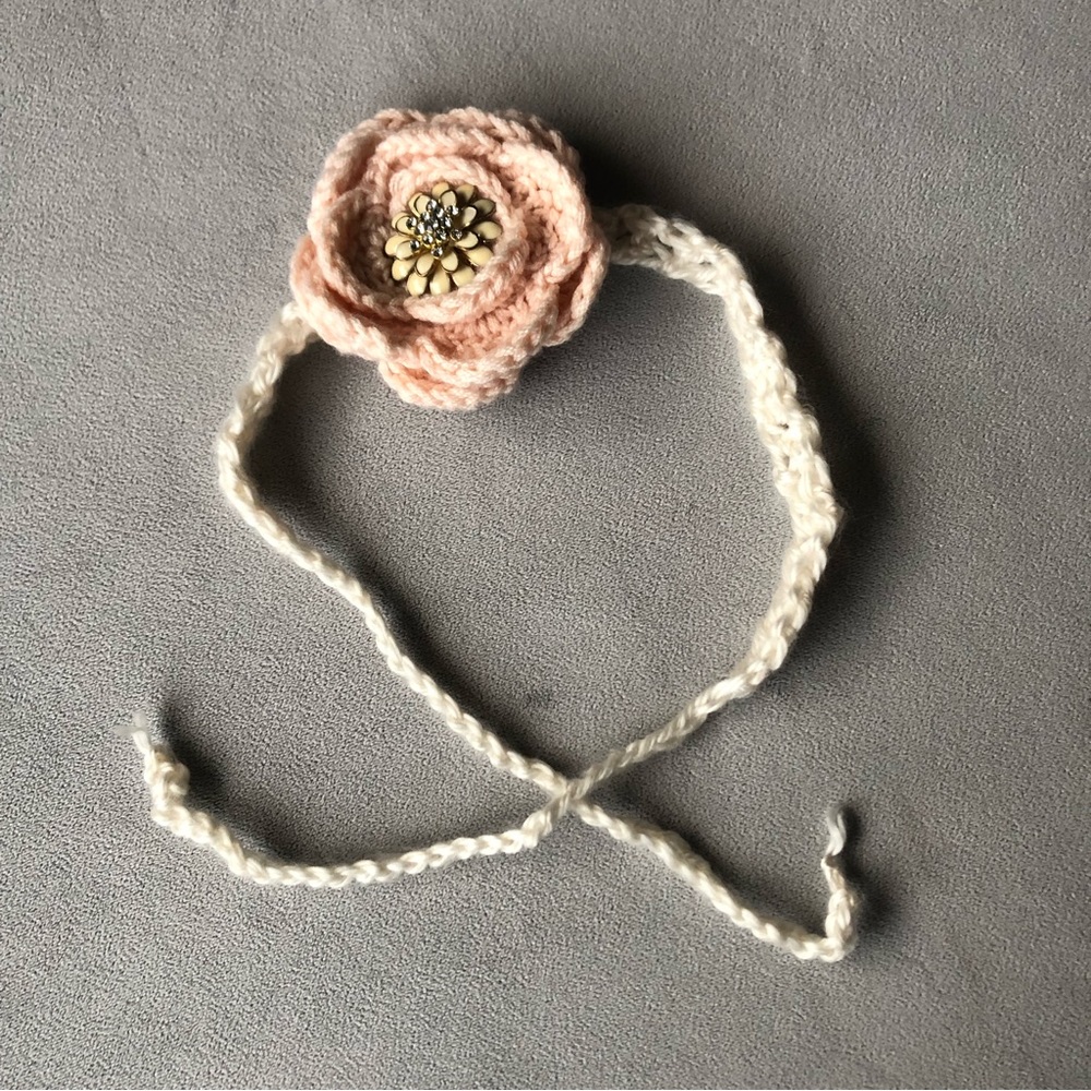 Hand Crocheted Floral Headband with Brooch ~ Pink With Ivory